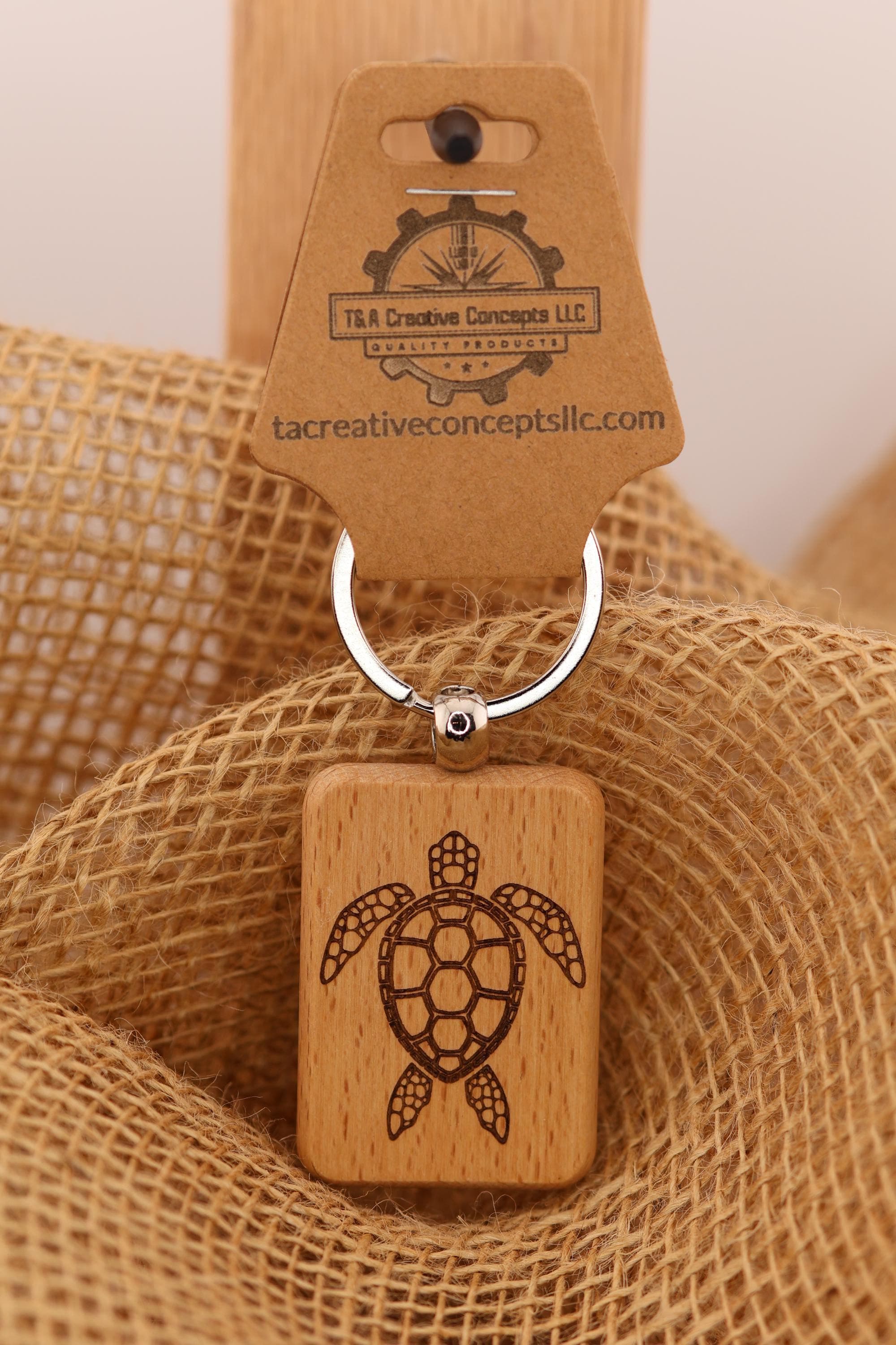 Laser engraved sea turtle keychain / bag charm: hardwood & stainless steel