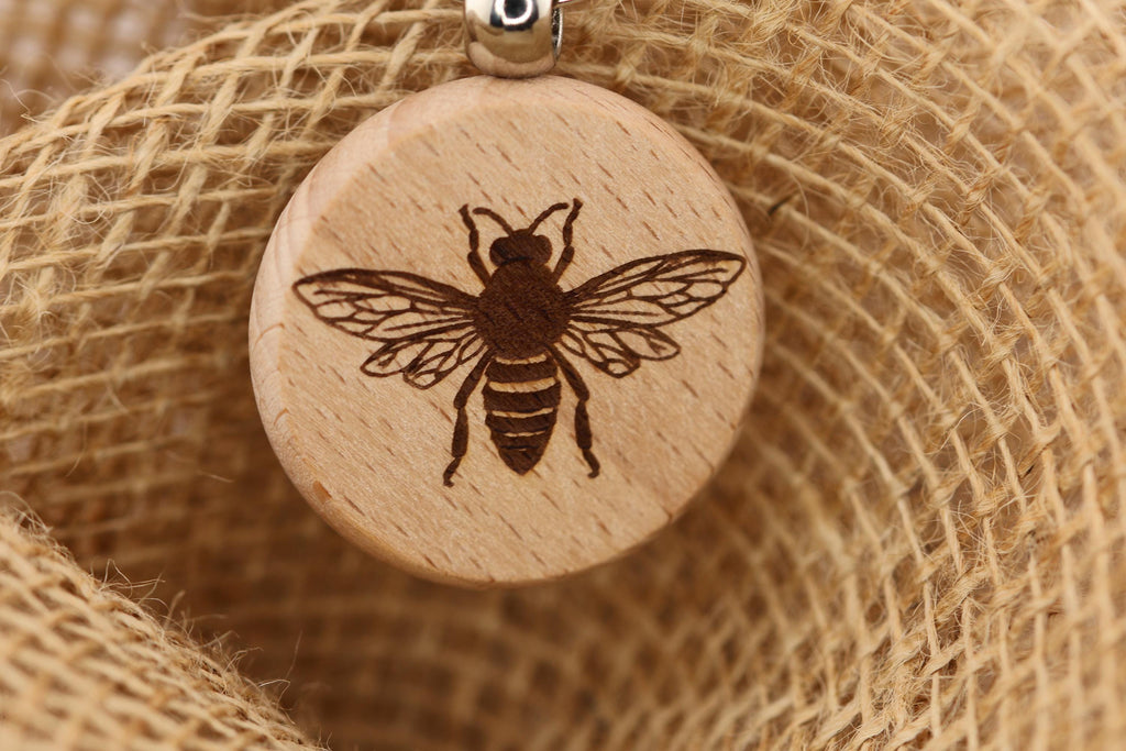 Laser engraved wood bee keychain / bag charm: stainless steel keyring, nature lover gift