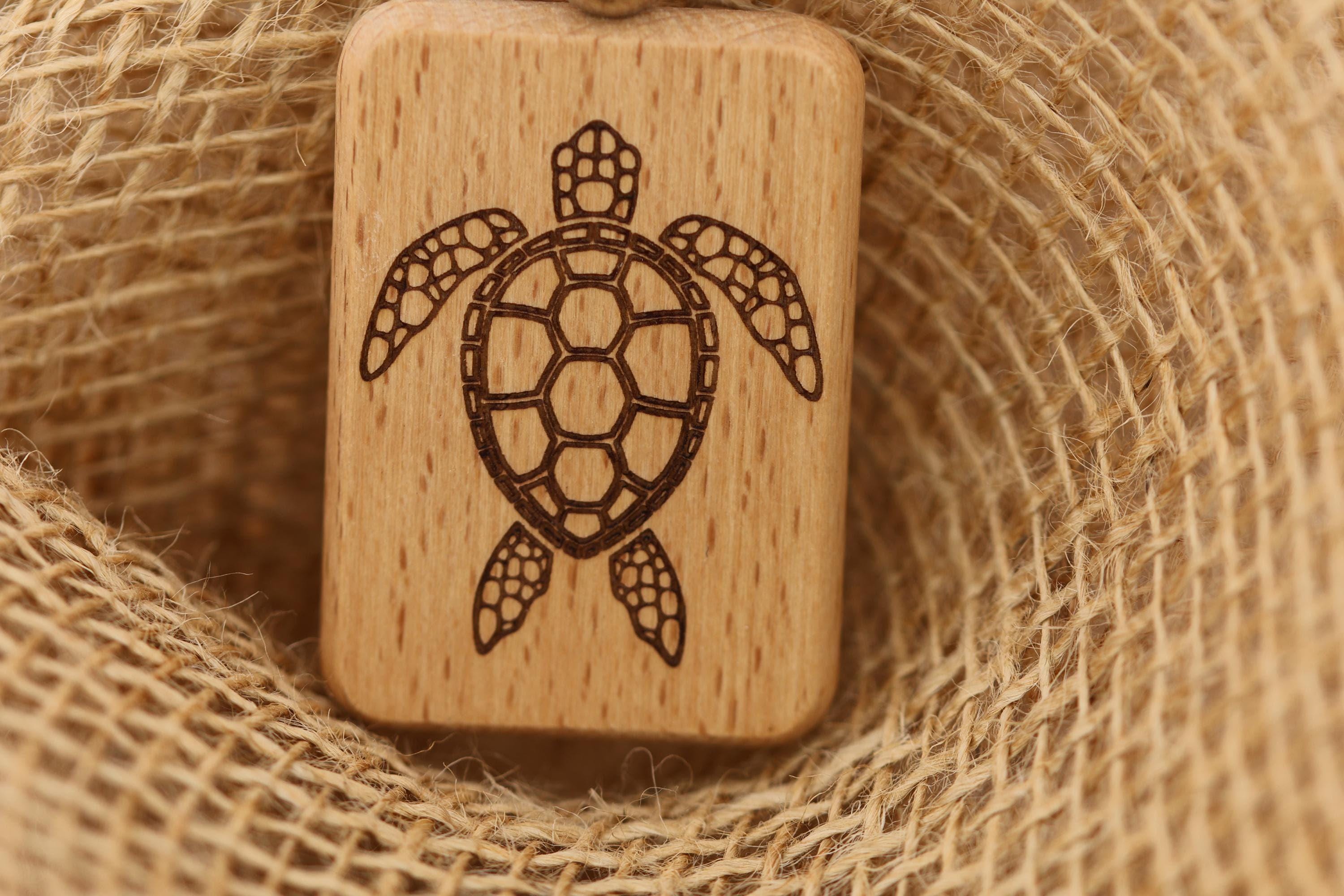 Laser engraved sea turtle keychain / bag charm: hardwood & stainless steel
