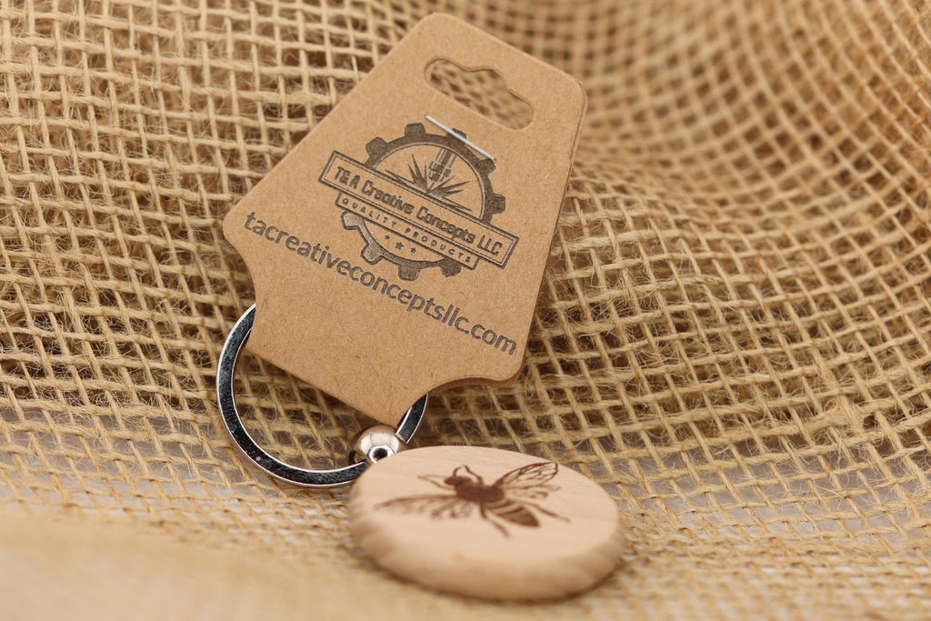 Laser engraved wood bee keychain / bag charm: stainless steel keyring, nature lover gift