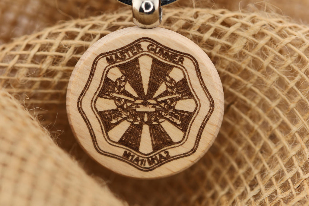 Laser engraved hardwood master gunner keychain: military gift
