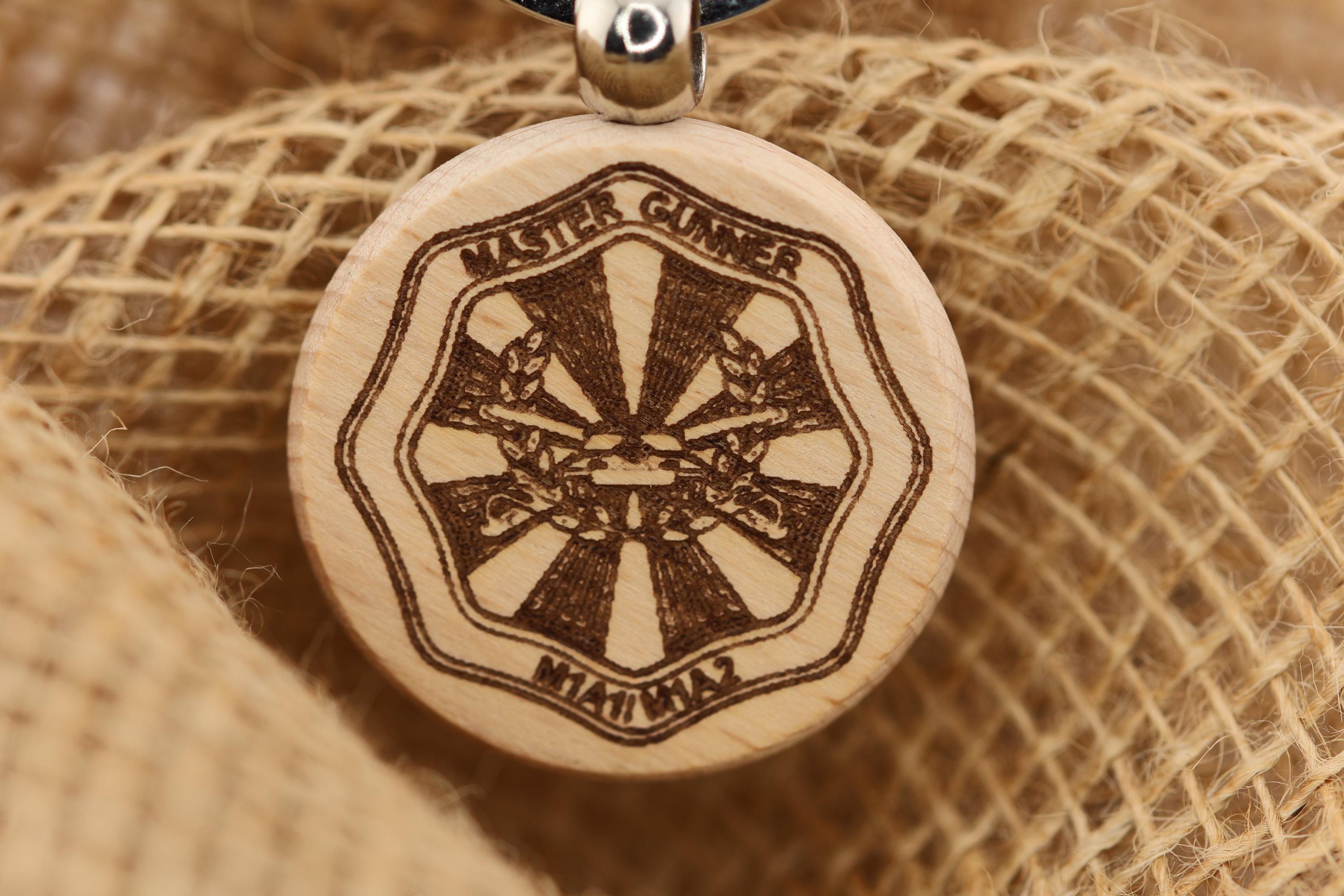 Laser engraved hardwood master gunner keychain: military gift