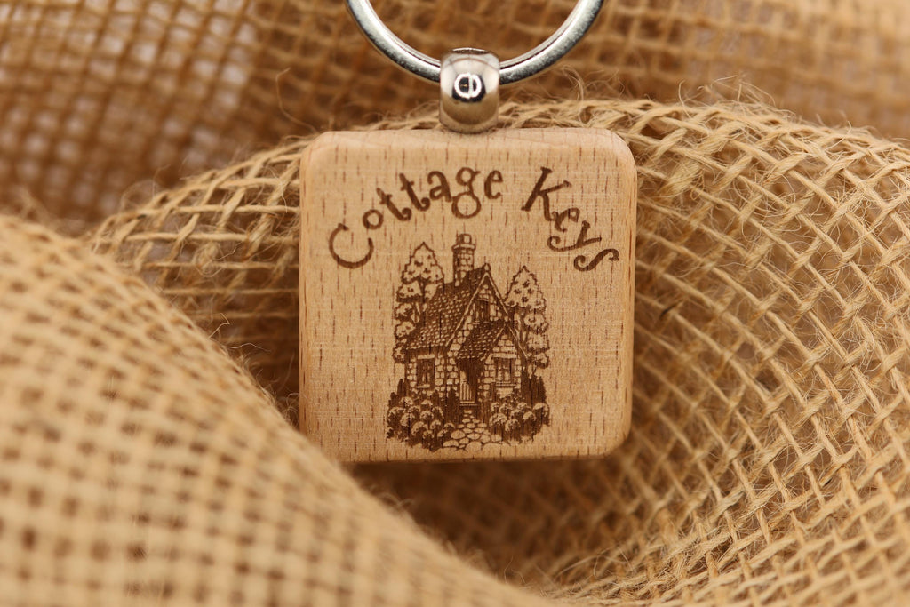 Cottage keys keychain: laser engraved hardwood with stainless steel keyring