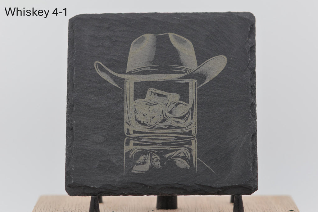 Laser engraved slate whiskey coasters: pick & choose your designs