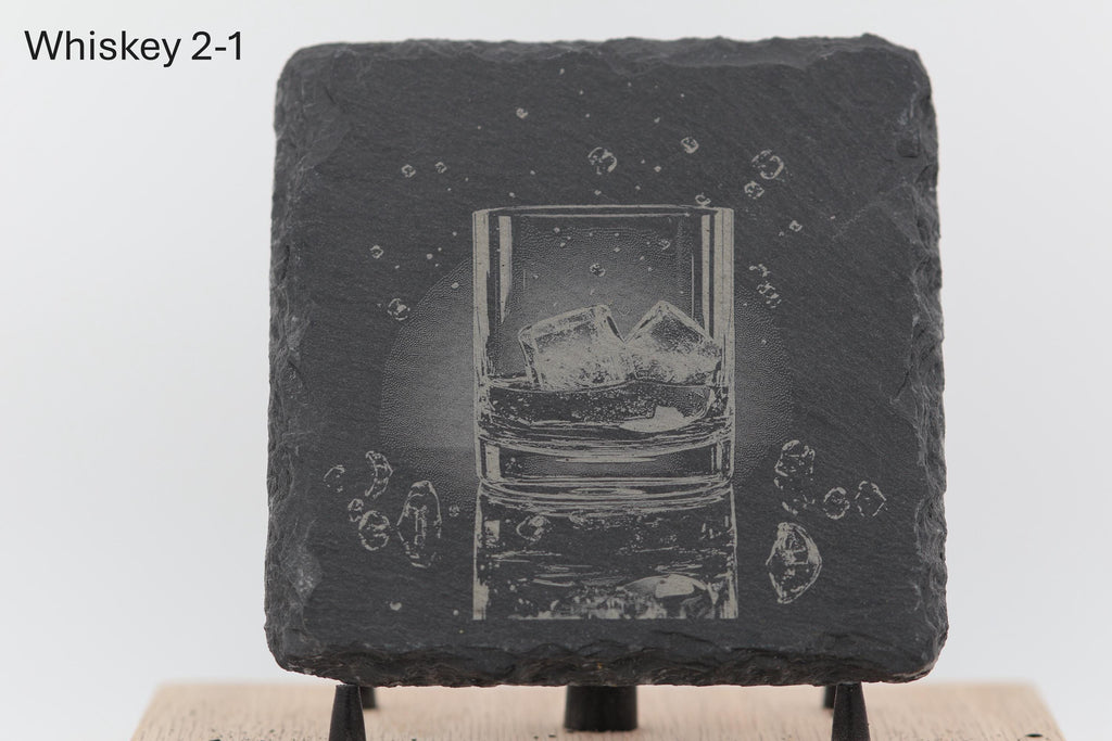 Laser engraved slate whiskey coasters: pick & choose home bar decor