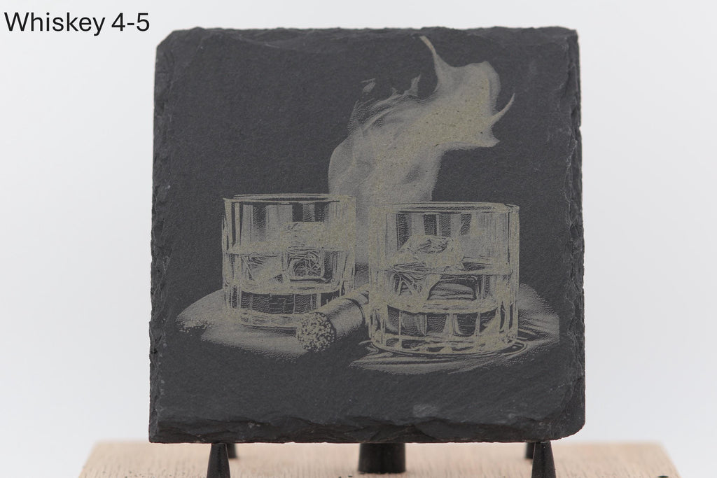 Laser engraved slate whiskey coasters: pick & choose your designs