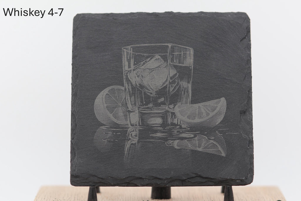 Laser engraved slate whiskey coasters: pick & choose your designs