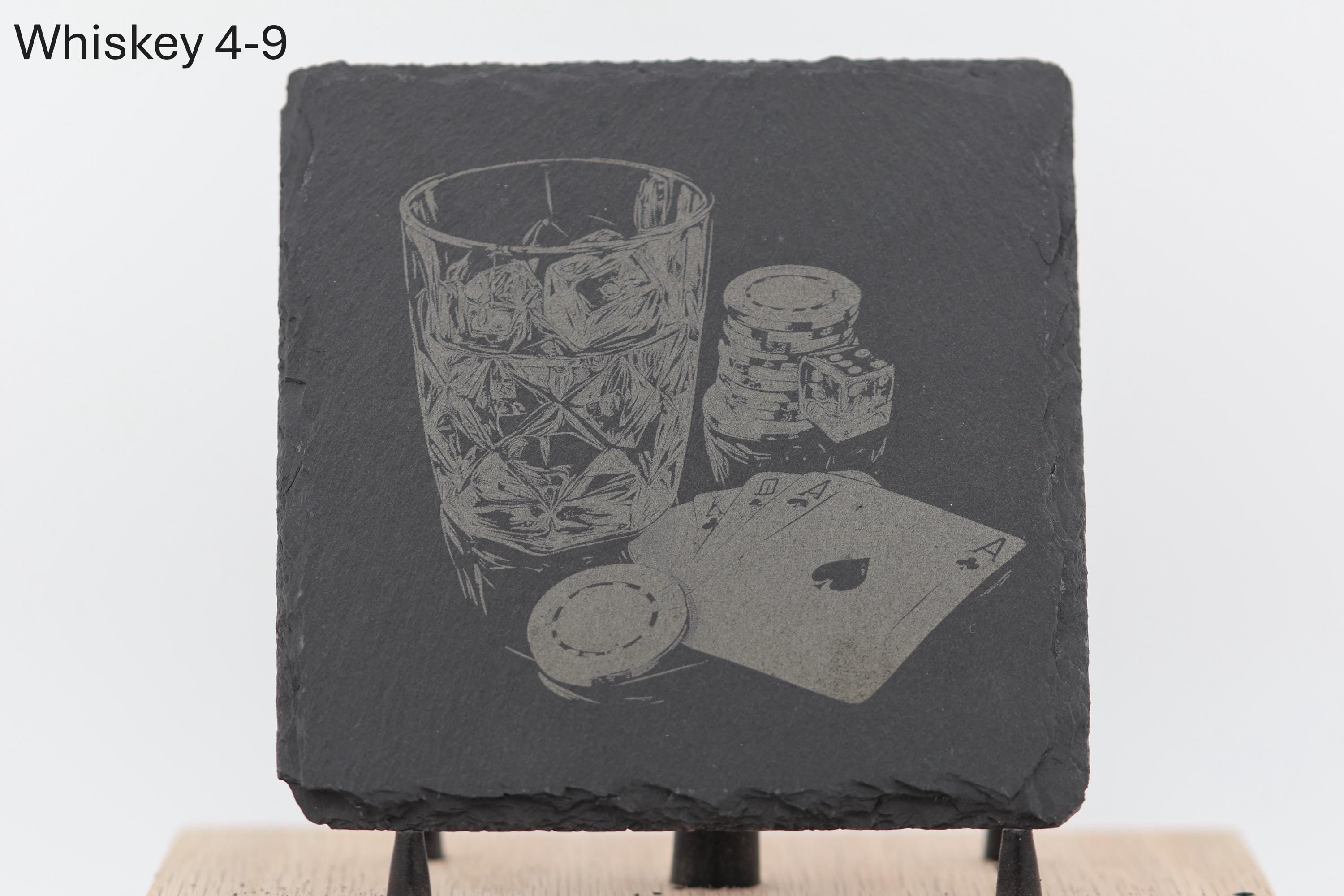 Laser engraved slate whiskey coasters: pick & choose your designs