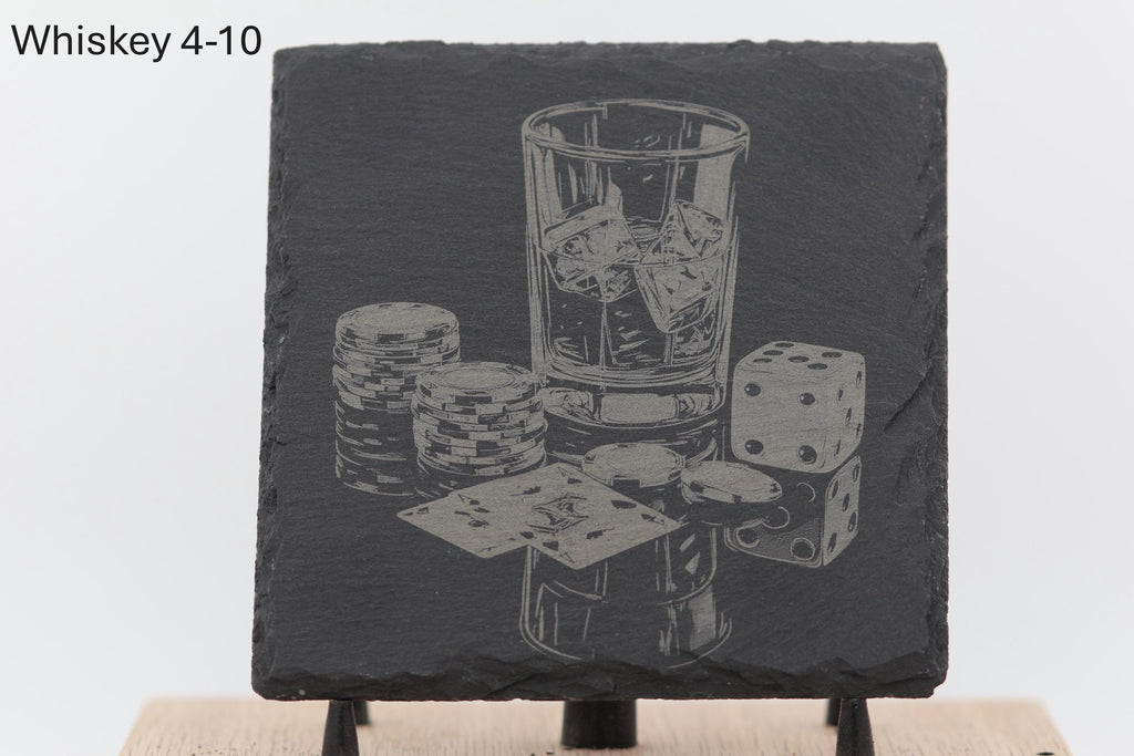 Laser engraved slate whiskey coasters: pick & choose your designs