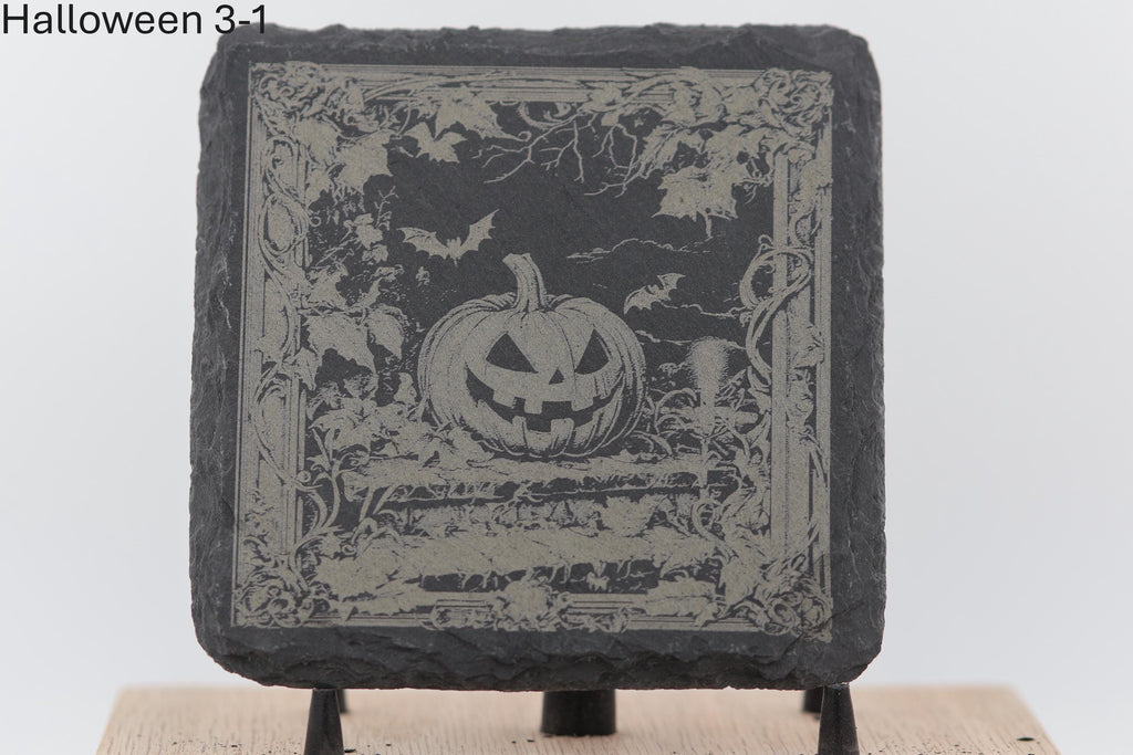 Laser engraved halloween slate coasters - spooky home bar gift
