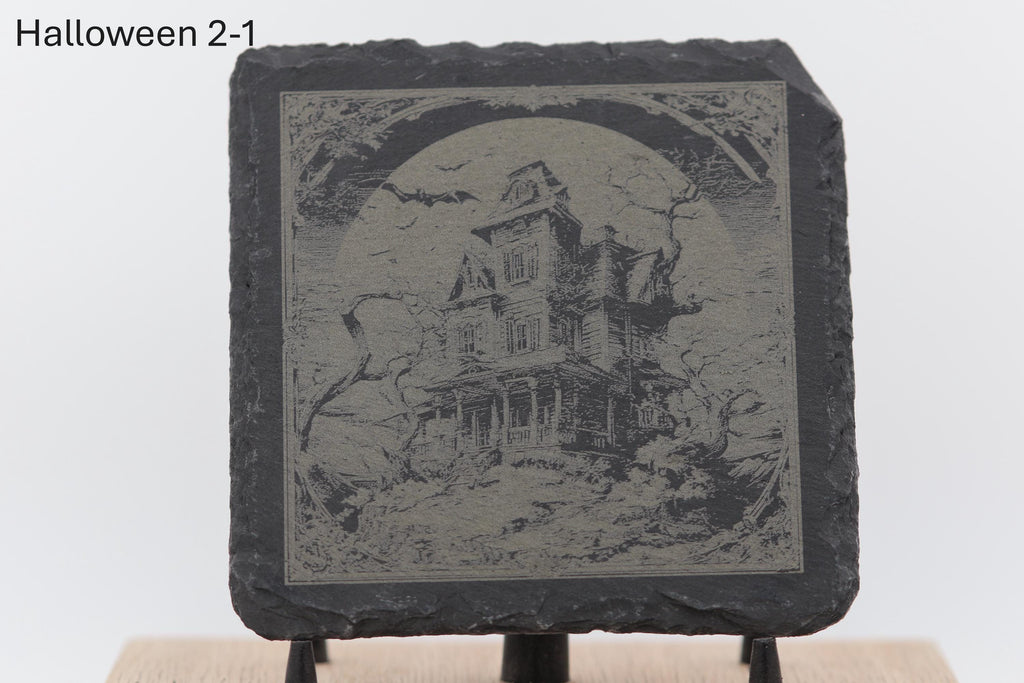 Laser engraved halloween slate coasters - home bar decor