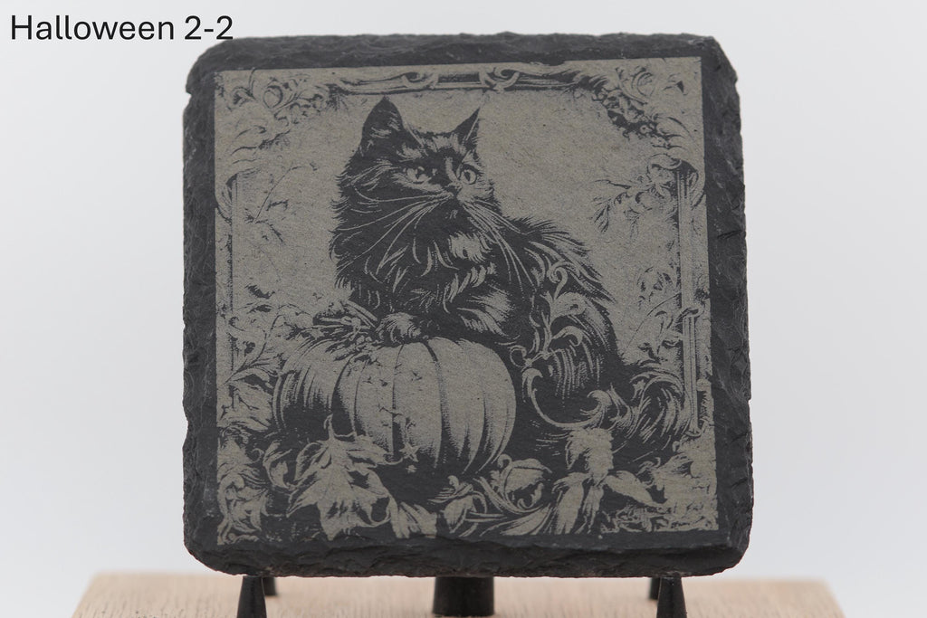 Laser engraved halloween slate coasters - home bar decor
