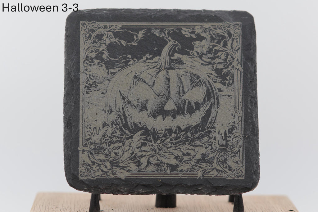 Laser engraved halloween slate coasters - spooky home bar gift