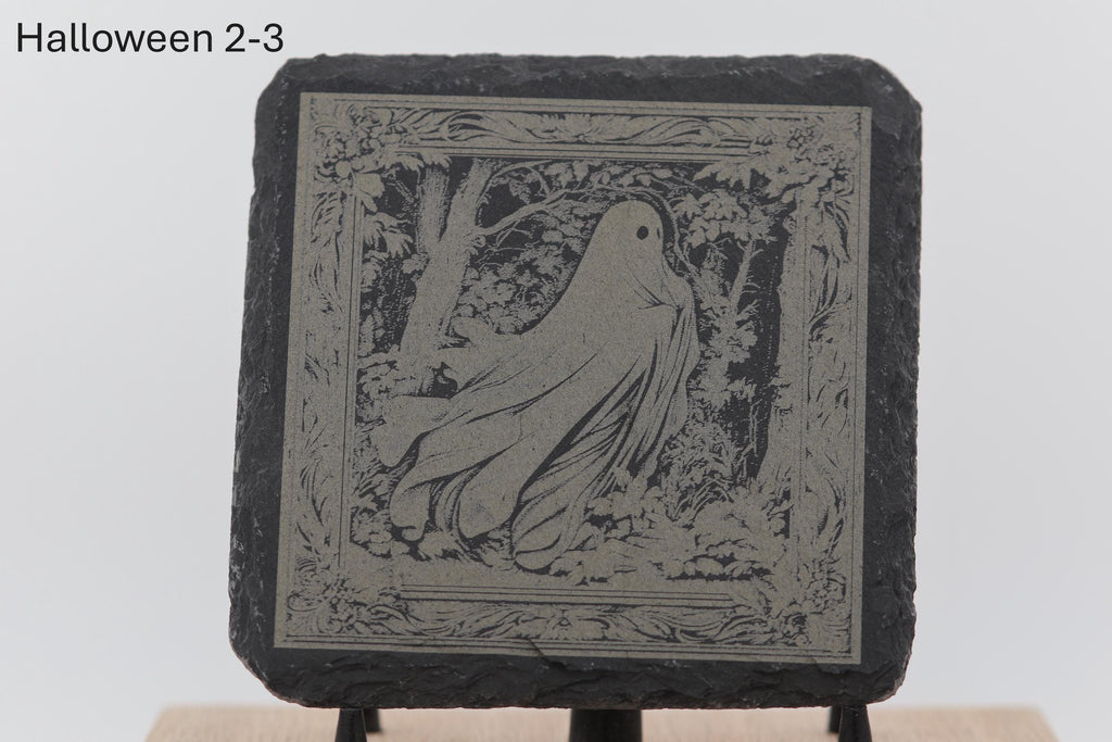 Laser engraved halloween slate coasters - home bar decor