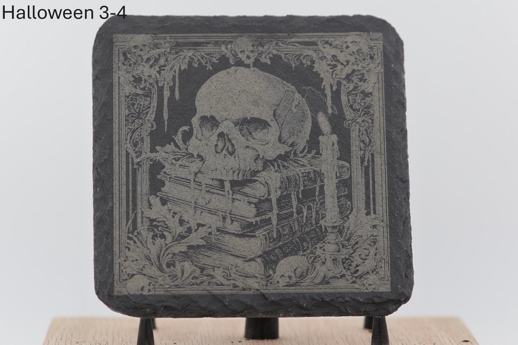 Laser engraved halloween slate coasters - spooky home bar gift