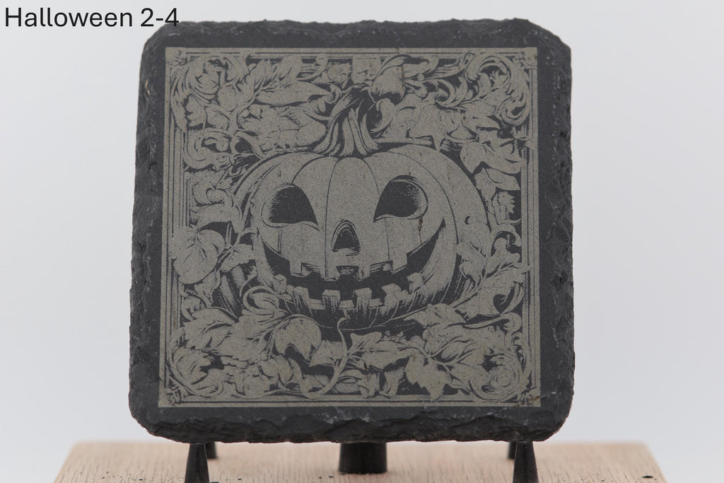 Laser engraved halloween slate coasters - home bar decor
