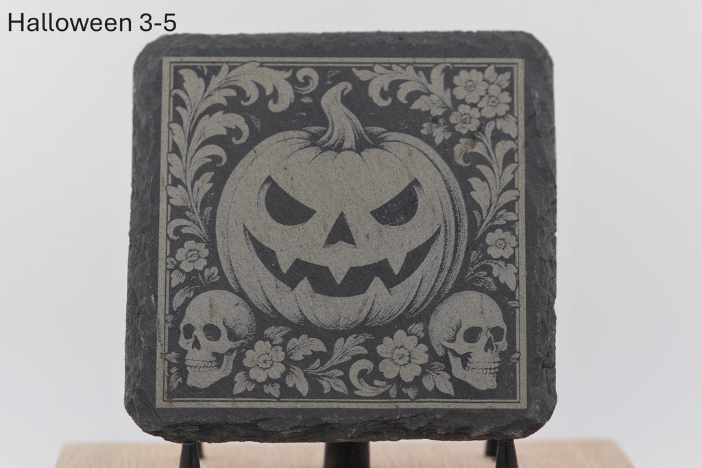 Laser engraved halloween slate coasters - spooky home bar gift