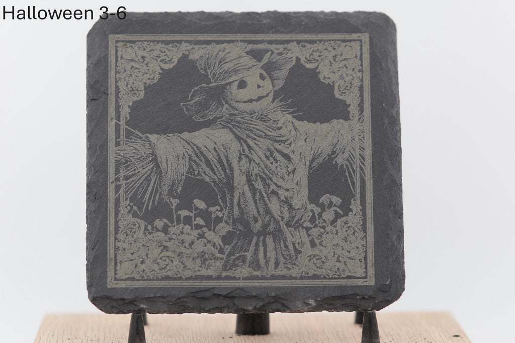 Laser engraved halloween slate coasters - spooky home bar gift