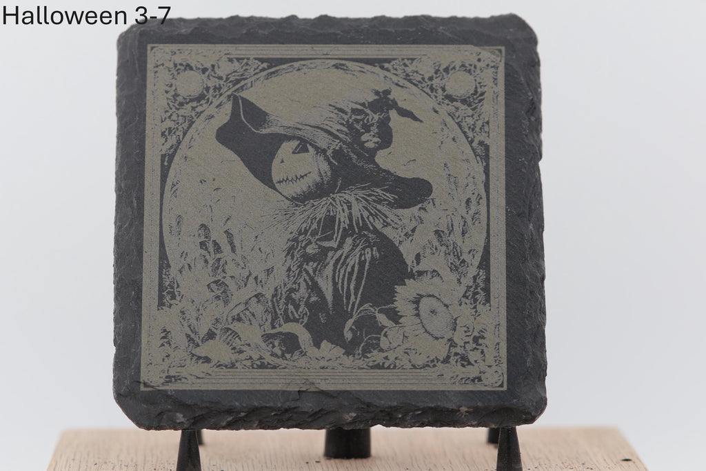 Laser engraved halloween slate coasters - spooky home bar gift