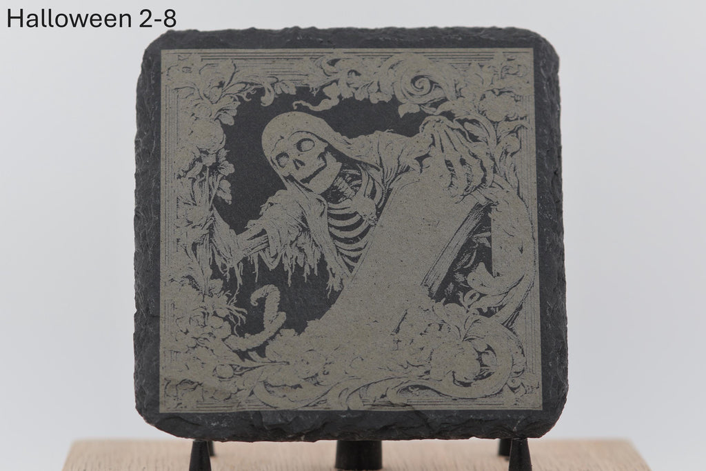 Laser engraved halloween slate coasters - home bar decor