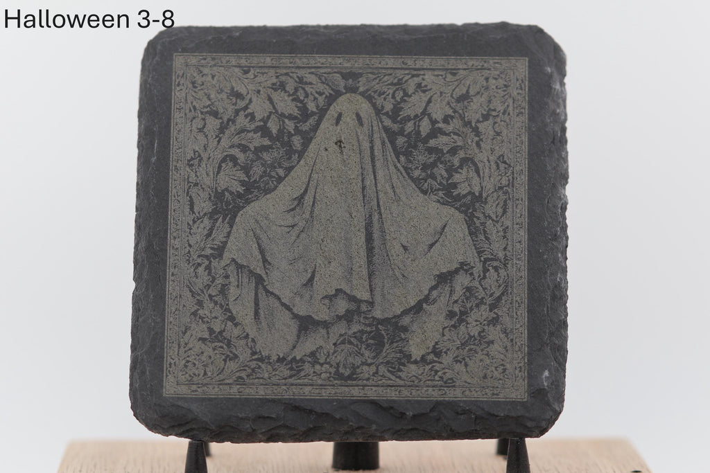 Laser engraved halloween slate coasters - spooky home bar gift