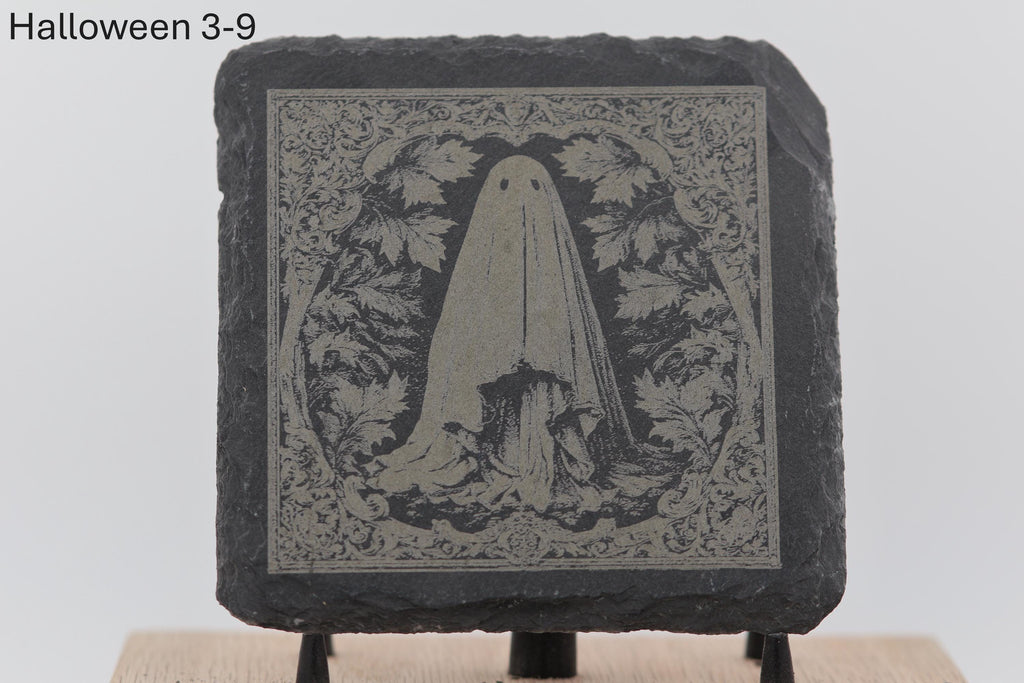 Laser engraved halloween slate coasters - spooky home bar gift