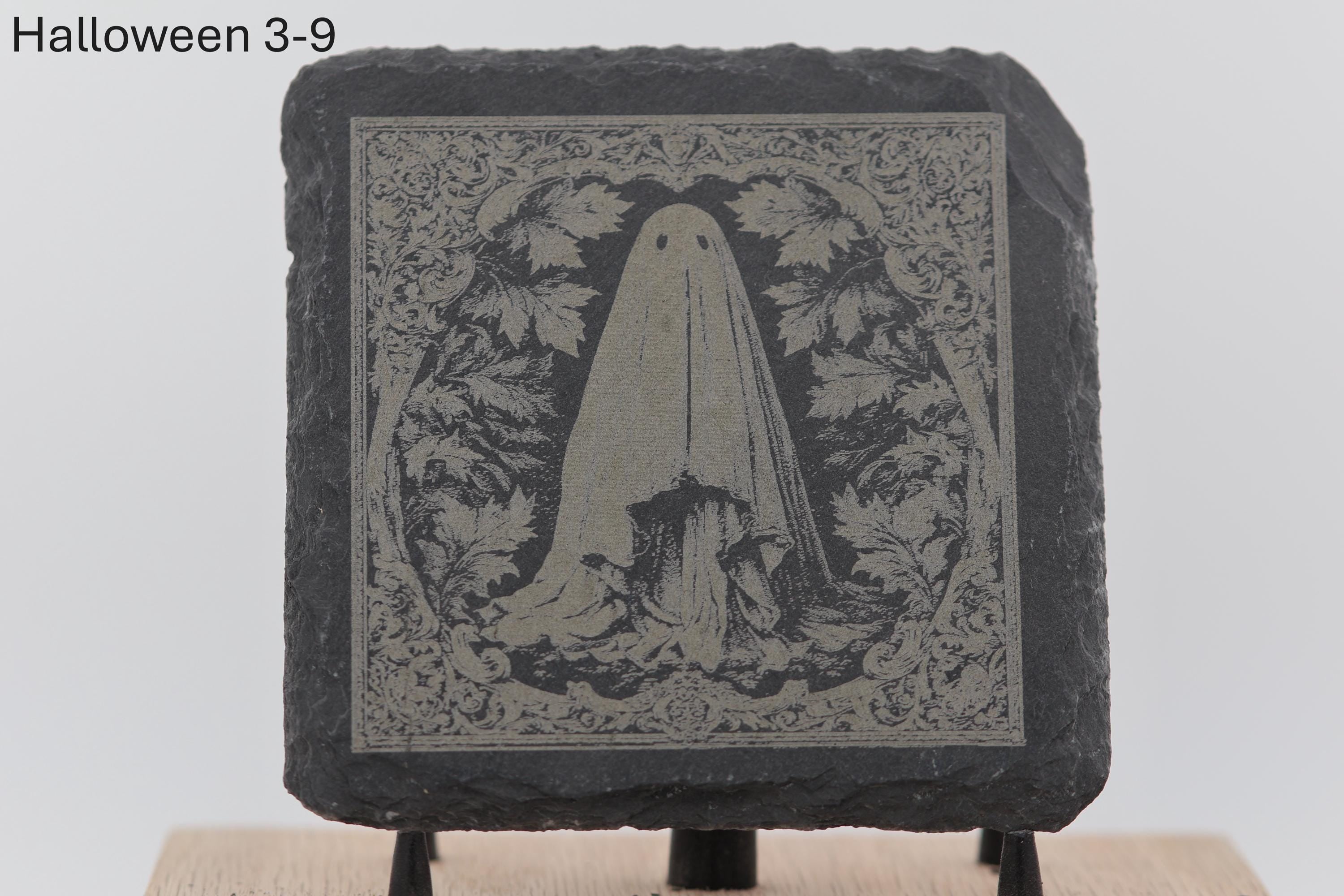 Laser engraved halloween slate coasters - spooky home bar gift