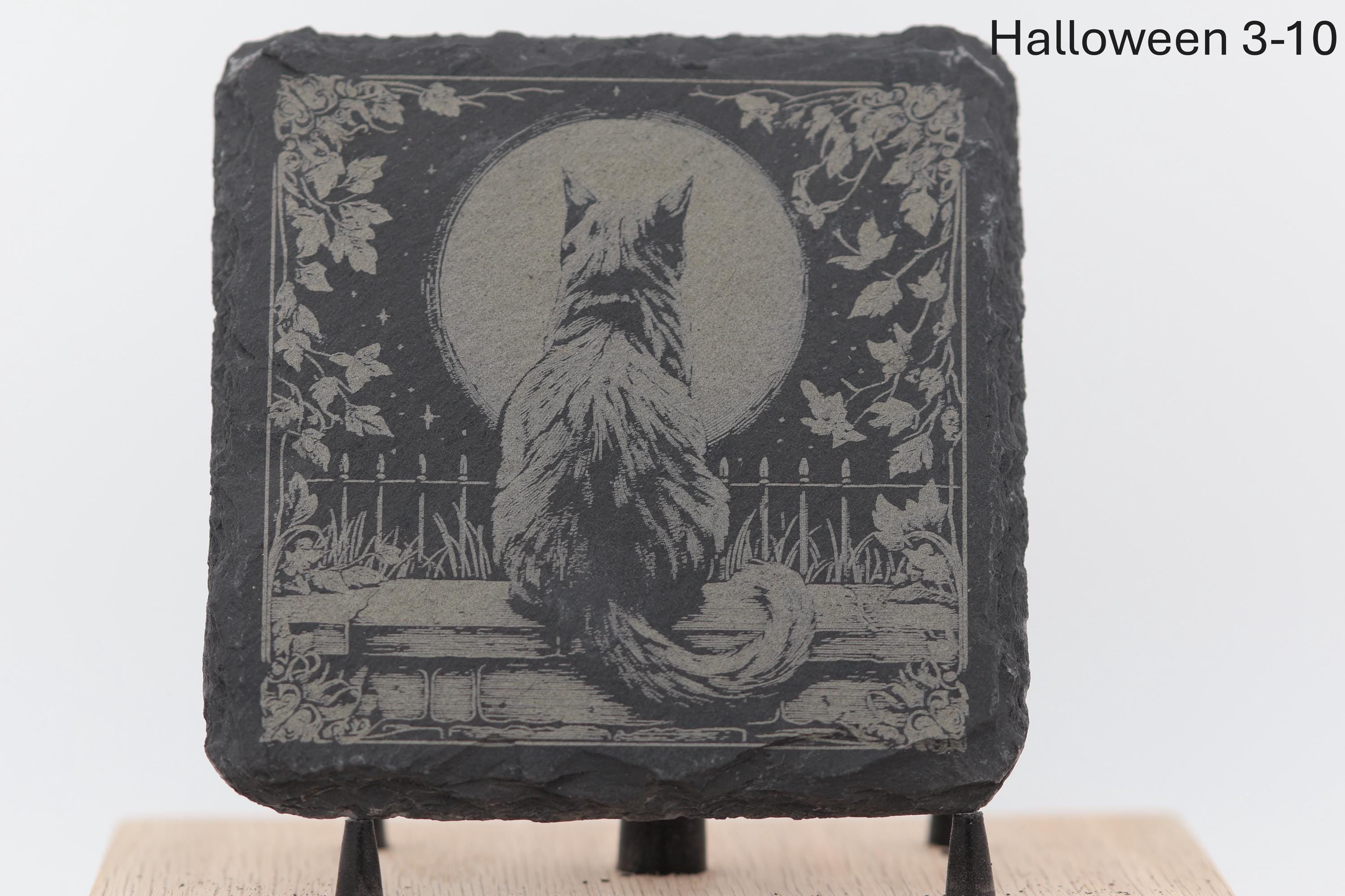 Laser engraved halloween slate coasters - spooky home bar gift