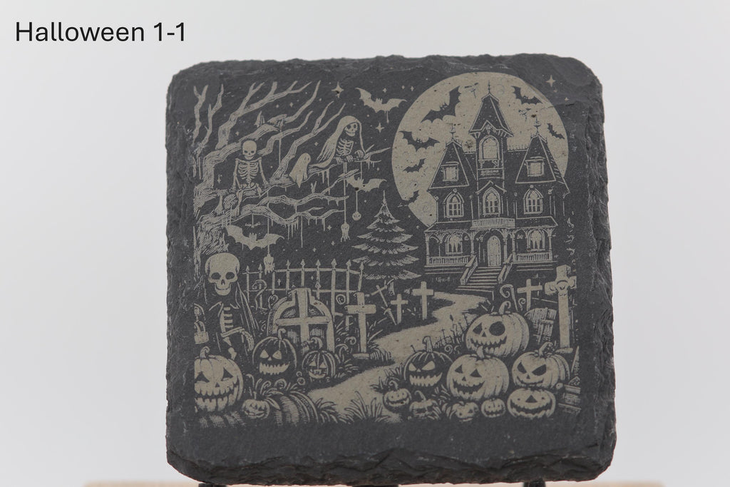 Laser engraved halloween slate coasters: home bar gift