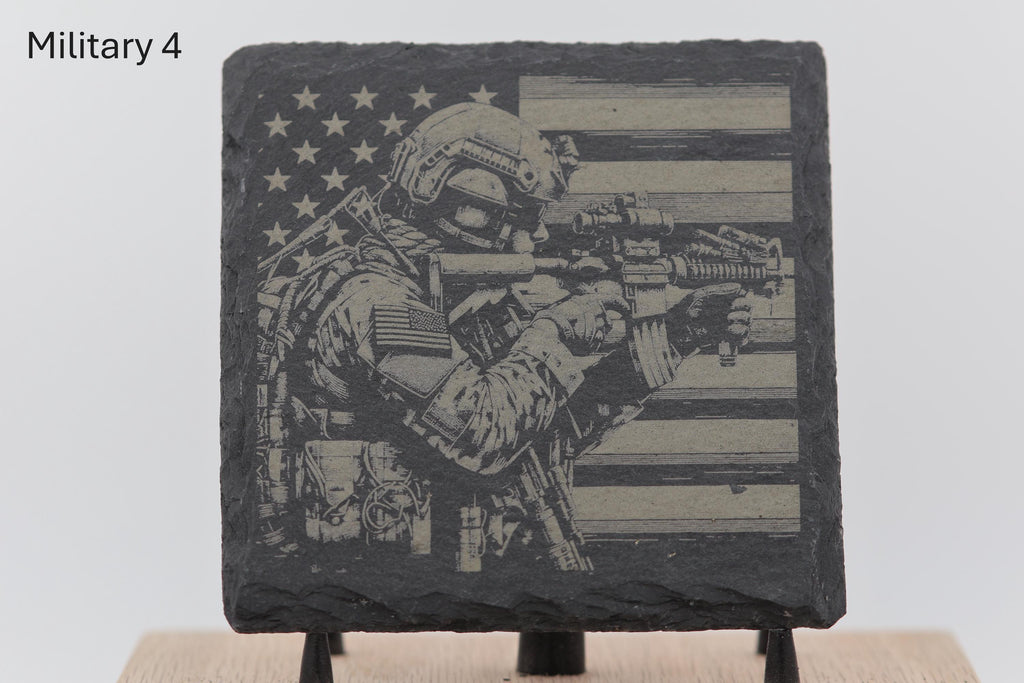 Laser engraved military series slate coaster: home bar gift (4"x4")