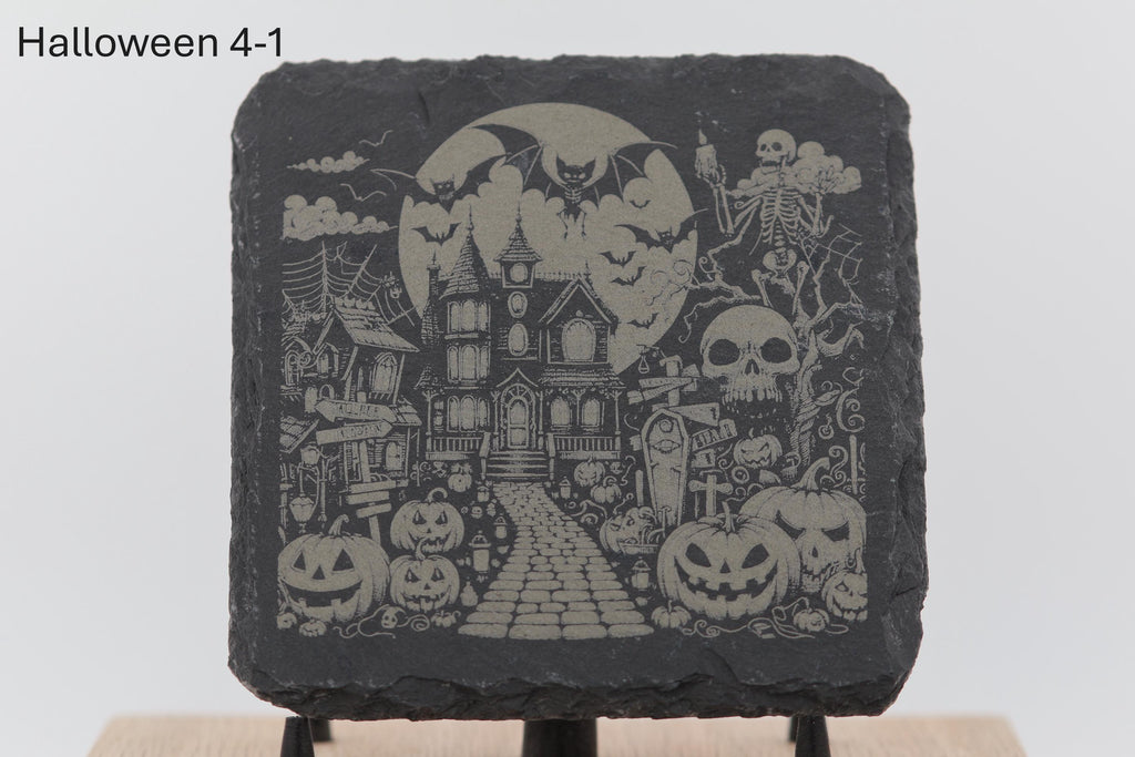 Laser engraved halloween slate coasters: home bar gift