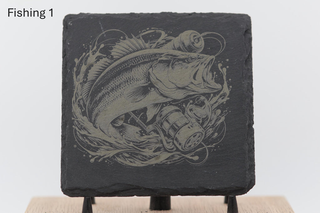 Laser engraved fishing slate coasters: angler gift, cabin decor