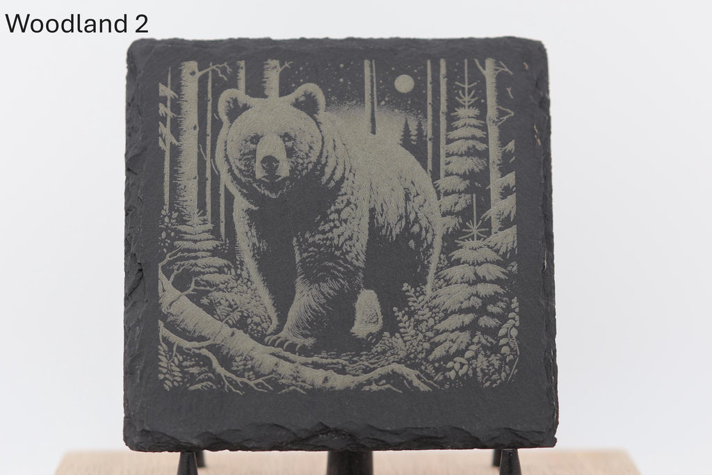 Laser engraved slate woodland coasters: rustic home bar decor