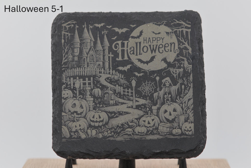 Laser engraved halloween slate coasters: home bar gift