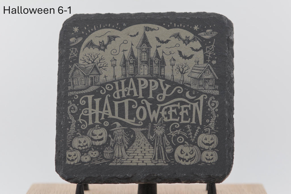Laser engraved halloween slate coasters: home bar gift