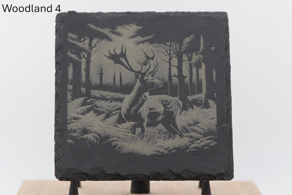 Laser engraved slate woodland coasters: rustic home bar decor
