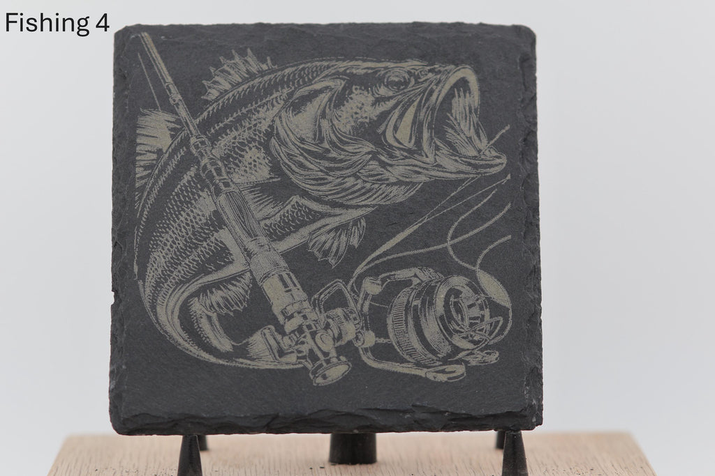 Laser engraved fishing slate coasters: angler gift, cabin decor
