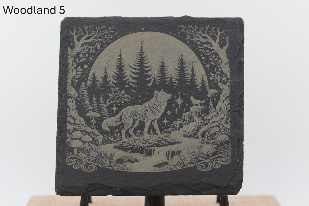 Laser engraved slate woodland coasters: rustic home bar decor