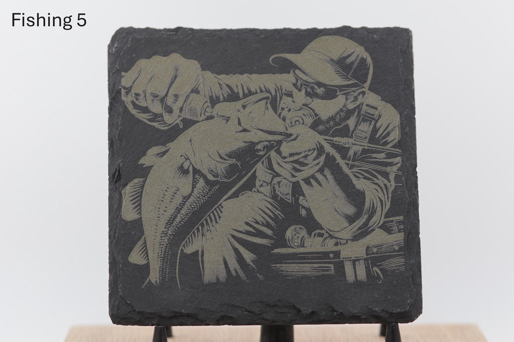 Laser engraved fishing slate coasters: angler gift, cabin decor