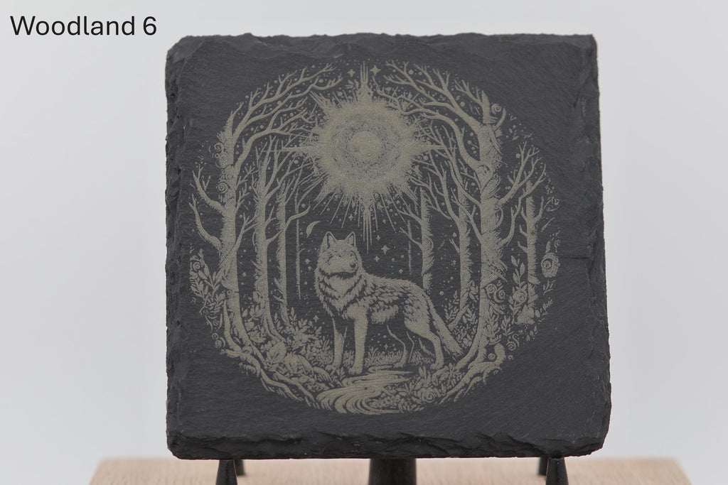 Laser engraved slate woodland coasters: rustic home bar decor