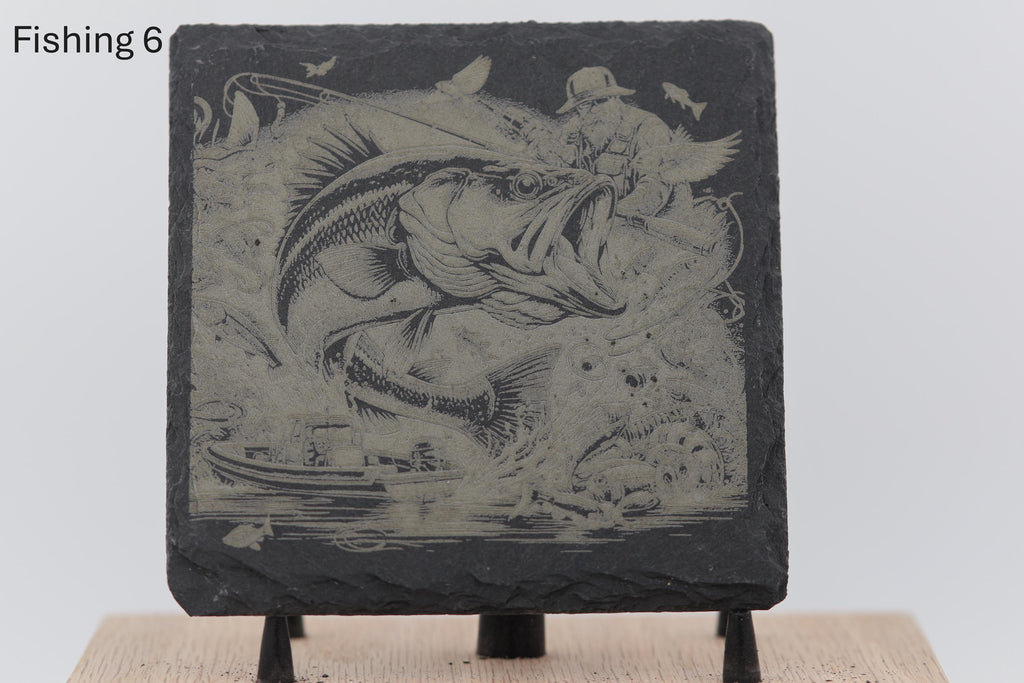 Laser engraved fishing slate coasters: angler gift, cabin decor