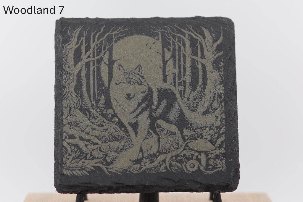 Laser engraved slate woodland coasters: rustic home bar decor
