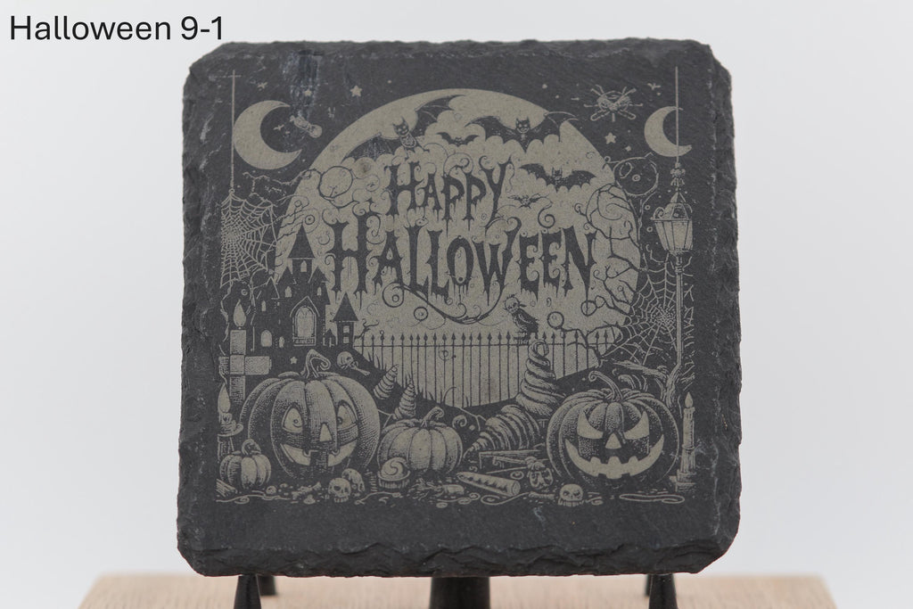 Laser engraved halloween slate coasters: home bar gift