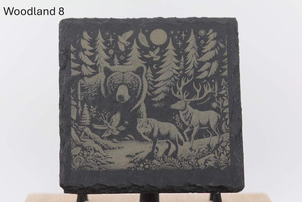 Laser engraved slate woodland coasters: rustic home bar decor