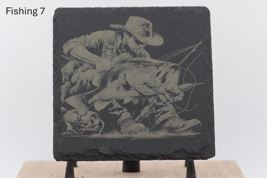 Laser engraved fishing slate coasters: angler gift, cabin decor