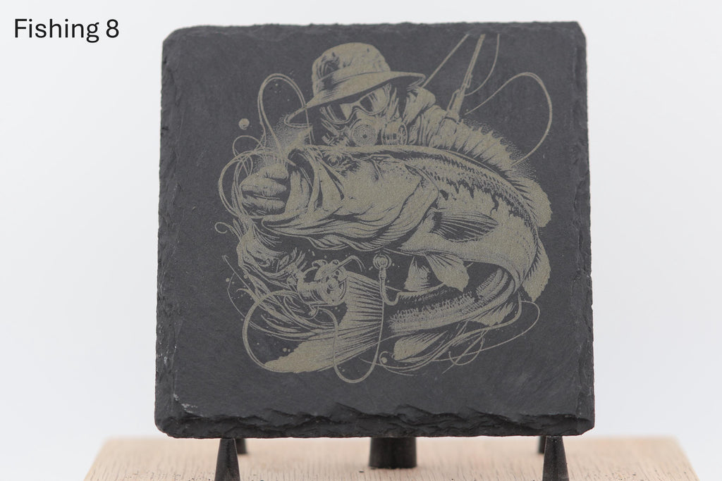 Laser engraved fishing slate coasters: angler gift, cabin decor