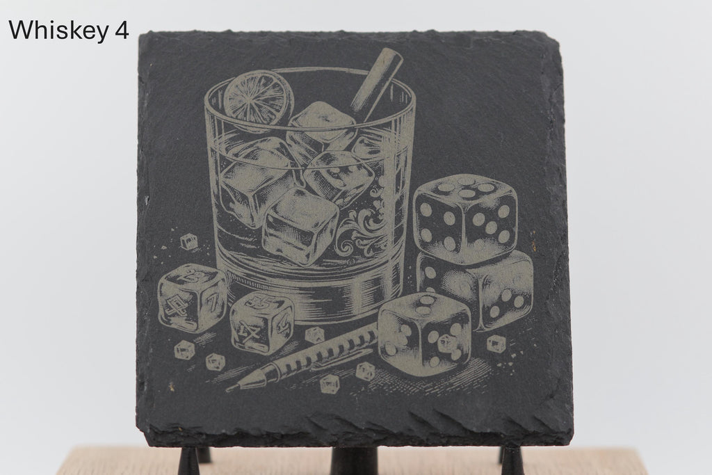 Laser engraved slate whiskey coasters: pick & choose home bar decor