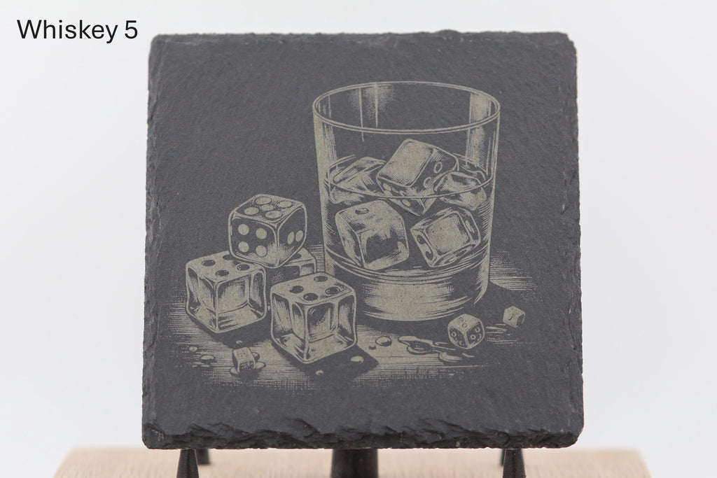 Laser engraved slate whiskey coasters: pick & choose home bar decor