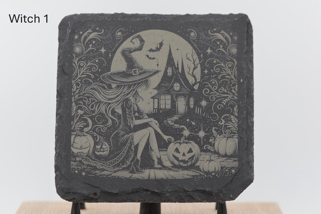Laser engraved slate coasters - witches series - home bar gift