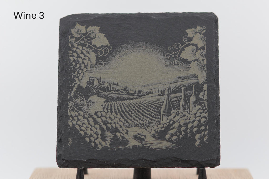 Laser engraved slate wine coasters: rustic home bar decor